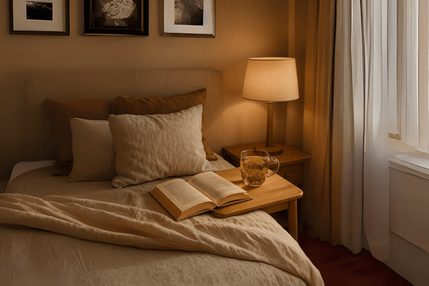 cozy room with book and tea on a side table