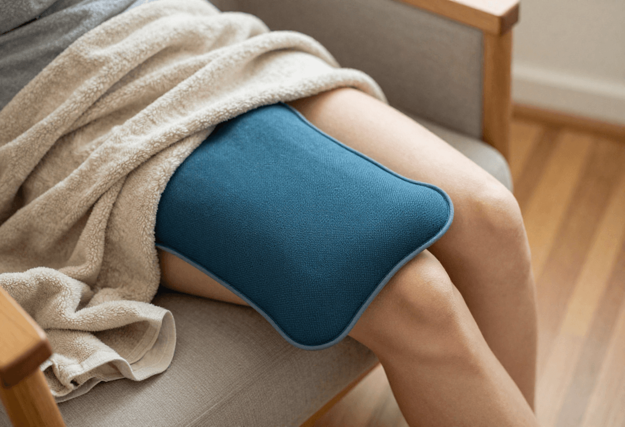 A heating pad resting on a knee while a person relaxes in a chair.